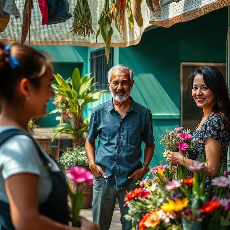 Familiares responsáveis pela floricultura ao lado da bancada de flores