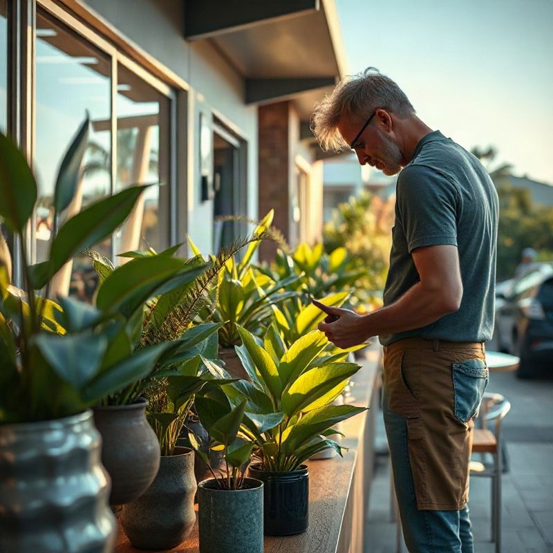 Cliente examinando plantas em vasos junto à prateleira da loja