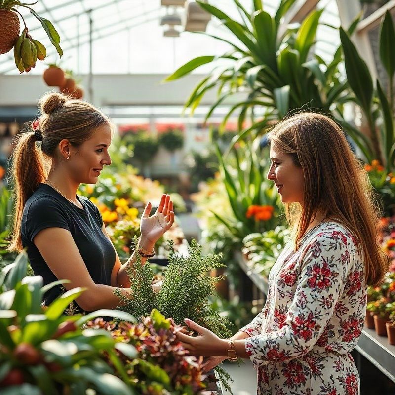 Atendente conversando com cliente diante de plantas na floricultura